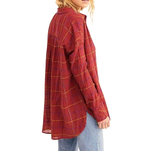 Free People Break My Stride red plaid shirt button down oversized medium - Picture 2 of 9